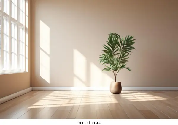 Sunlight shining through a window onto a potted plant in an empty room