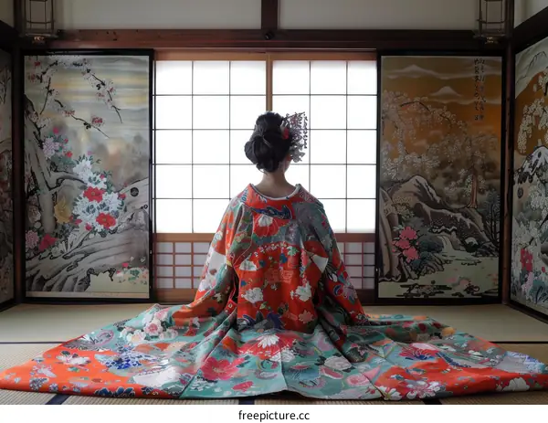 A Japanese bride wearing a traditional kimono sits on the floor in a room with sliding doors.