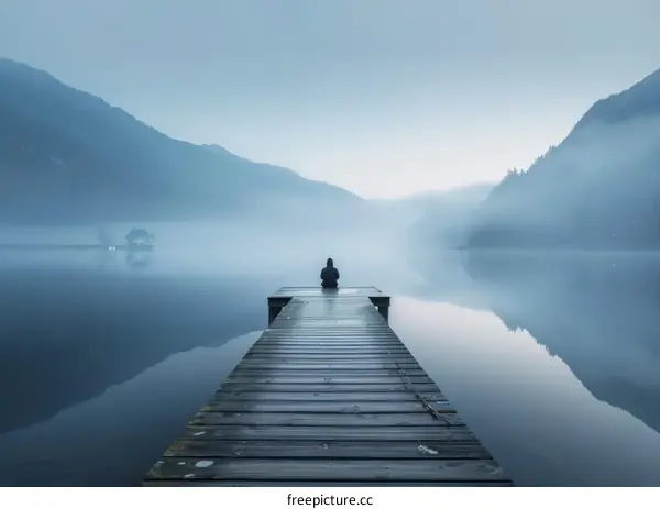 Man sitting on a dock in a peaceful lake with mountains in the distance