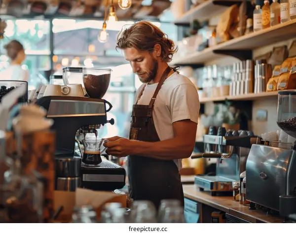 Focused barista making coffee with coffee machine in a cafe