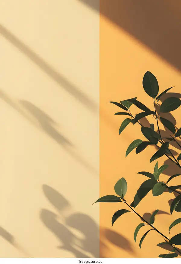 Minimalist Wall with Green Leaves and Sunlight Shadows
