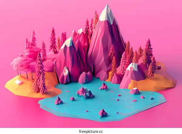 Low Poly Mountains with Pink and Blue Color Scheme