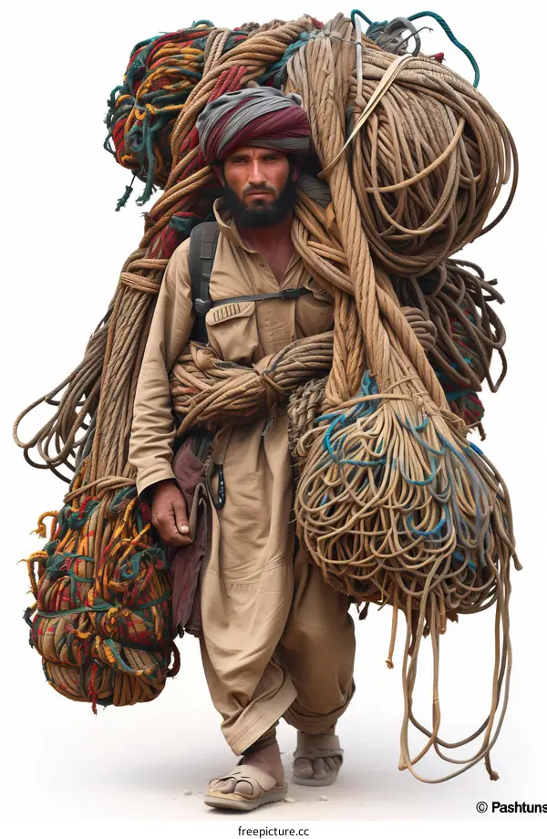 An Afghan man carries a heavy load of ropes on his back