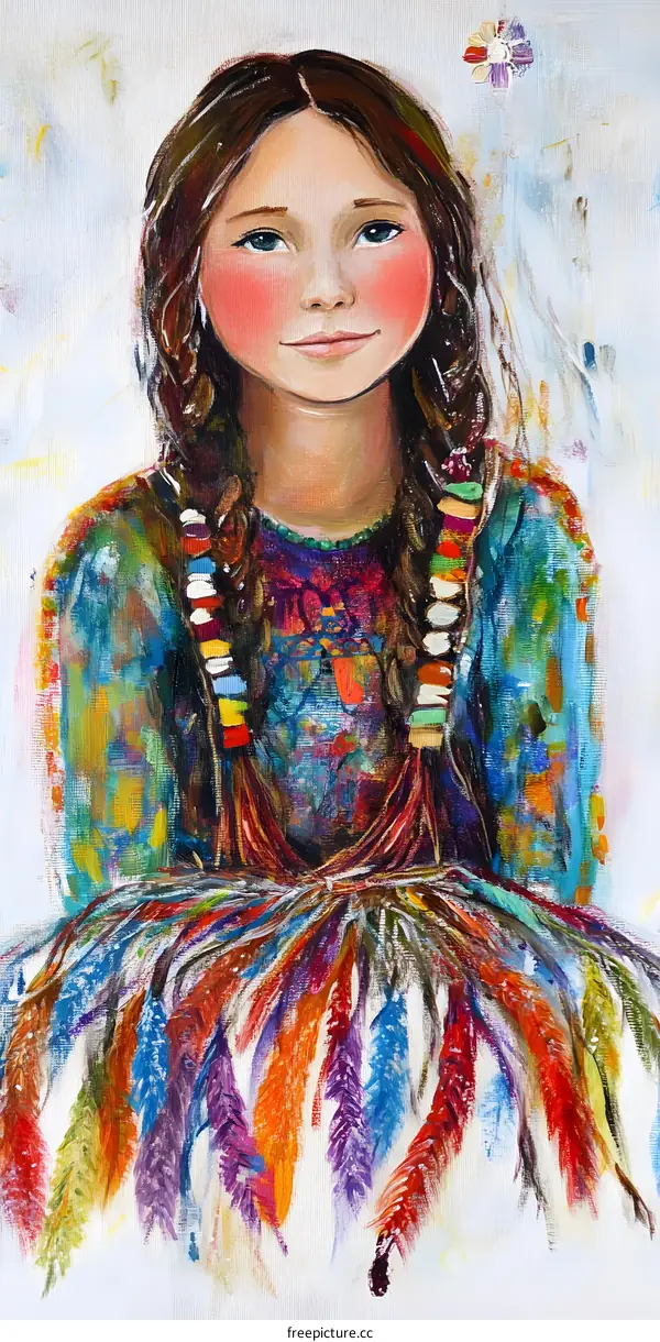 Colorful Painting of Young Girl with Feathers