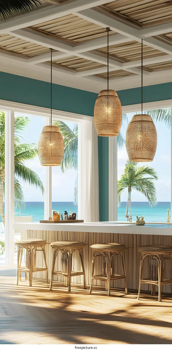 Tropical Beach Interior Design with Wicker Light Fixtures