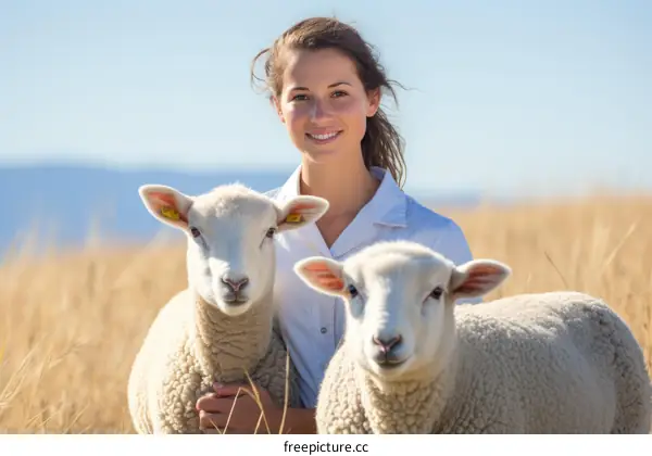 A smiling young woman standing in a field of wheat with two sheep