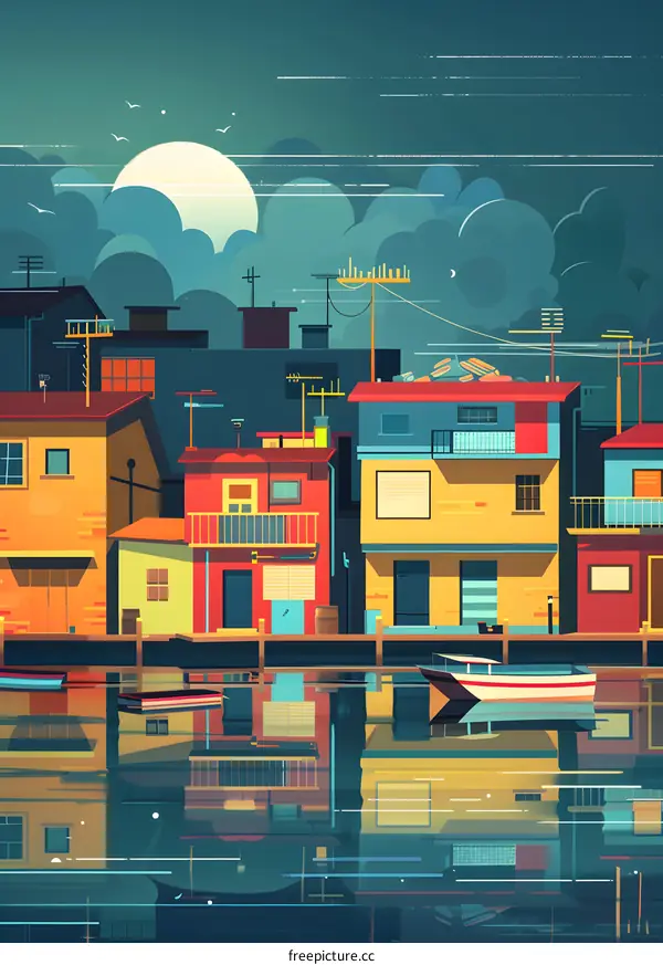 Waterfront City at Dusk with Houses and Boats