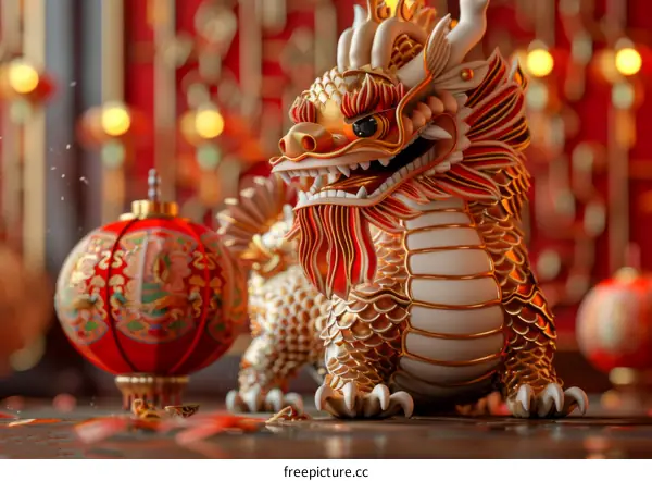 Chinese New Year Golden Dragon with Red Lantern