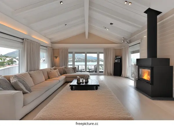 Modern Living Room with Vaulted Ceiling and Fireplace