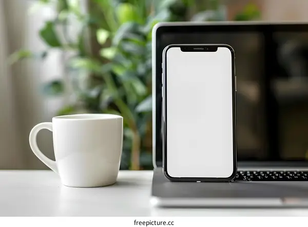 White Mug Beside Laptop and Smartphone