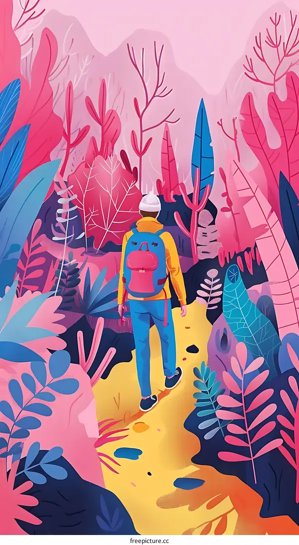 Colorful Illustration of a Man Walking in a Forest
