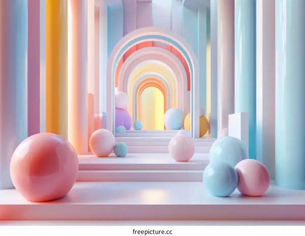 Pastel Geometric Archway with Colorful Spheres