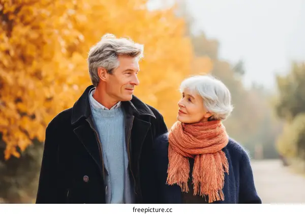 Autumnal Stroll of a Senior Couple