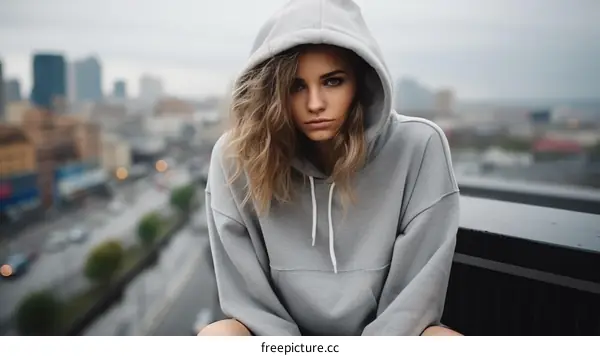 Portrait of a young woman in a gray hoodie looking at the camera with a serious expression on her face