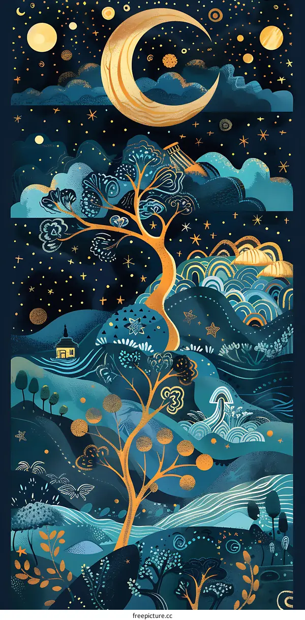 Night Sky Landscape with Crescent Moon and Golden Tree