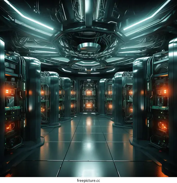 Futuristic server room with glowing orange lights