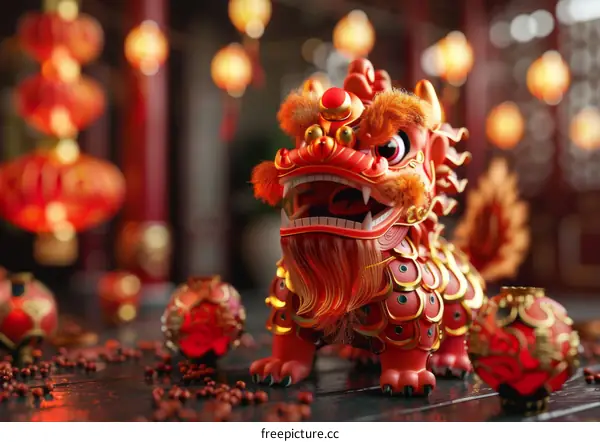 Chinese Lion Statue Stands Guard with Red Lanterns