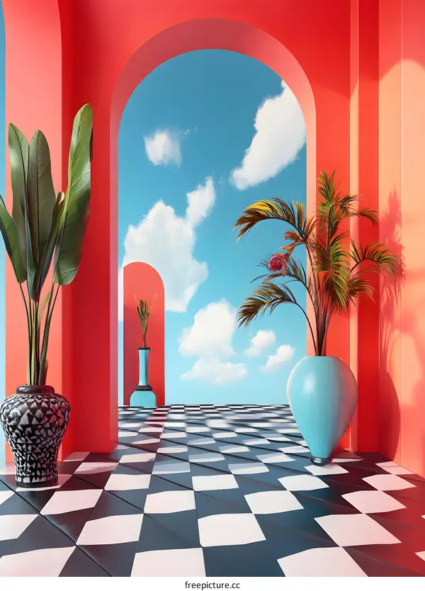 Minimalist Interior Design with Arched Windows and Checkered Floor