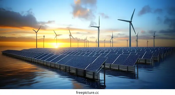 Floating Solar and Wind Farms at Sunset