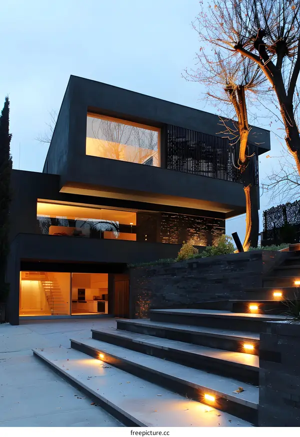 Modern Black House with Large Windows and Stone Steps