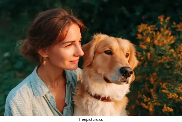 Woman and Golden Retriever Outdoors in Sunlight