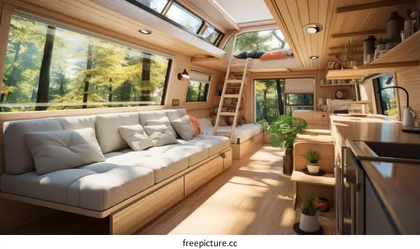 The interior of a cozy and modern tiny house on wheels