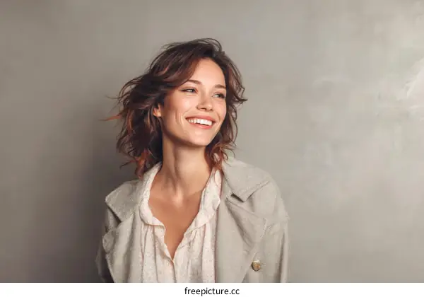 Smiling Woman in a Beige Coat Portrait