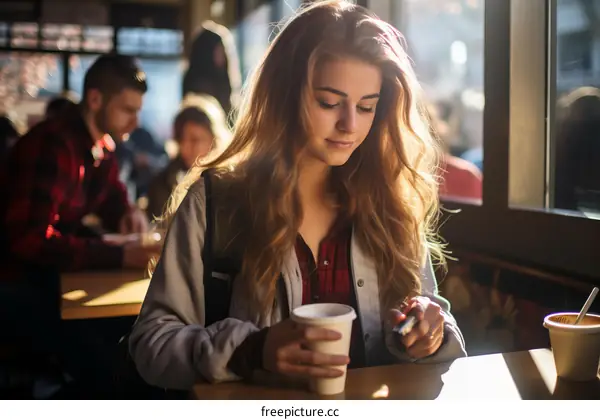 Young woman sitting in a cafe drinking coffee and using a lighter