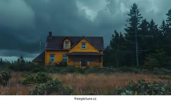 Yellow House in the Woods Under a Stormy Sky