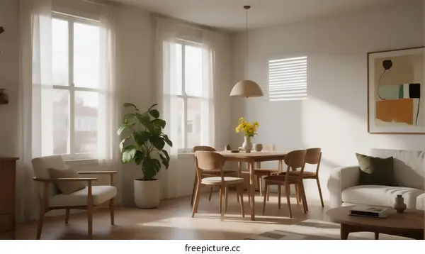 Bright Modern Living Room with Wooden Furniture and Green Plant