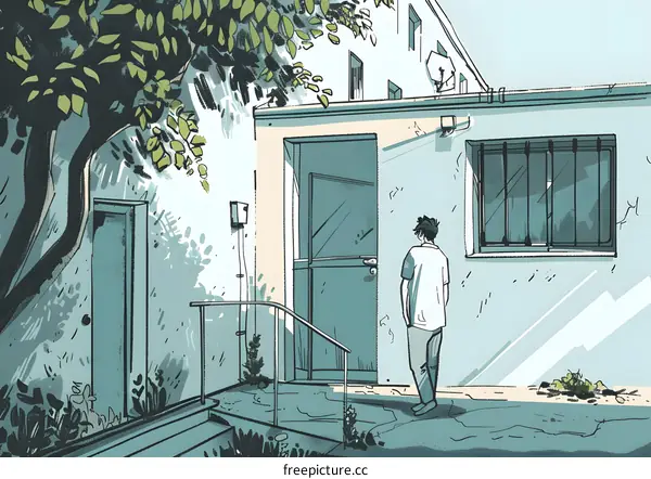 Man Standing In Front Of A Building With A Tree