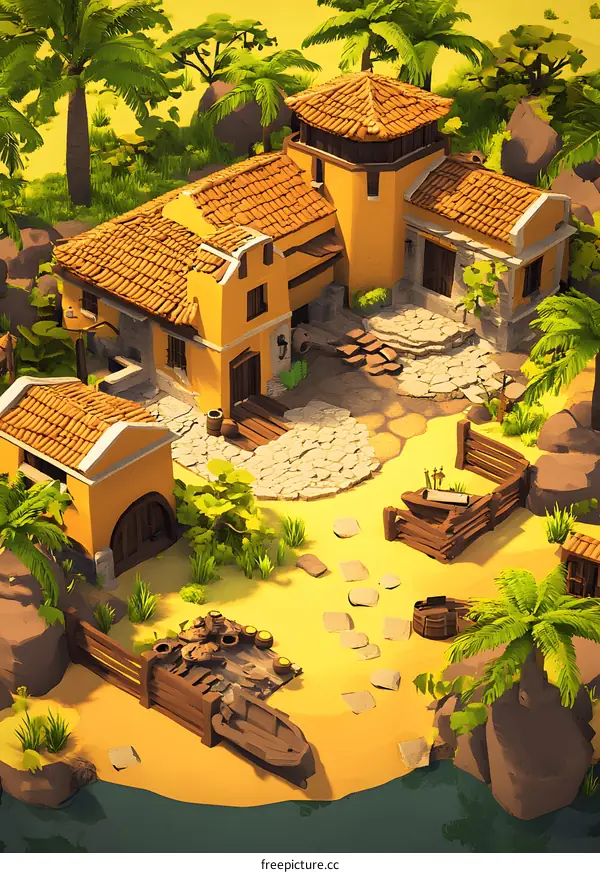 Tropical Island Village Illustration