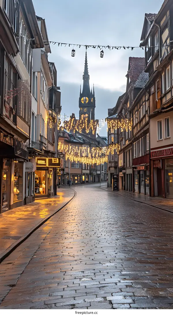 Cobblestone Street With Festive Lights In European City