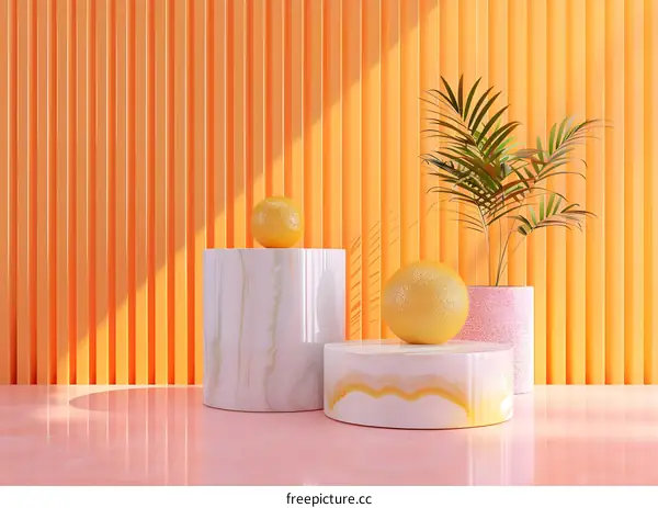 Abstract 3D Rendered Scene with Marble Cylinders and Yellow Spheres