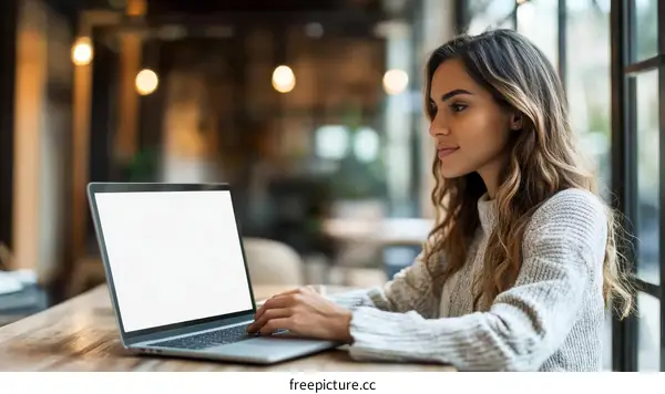 Woman Working on Laptop in Cafe