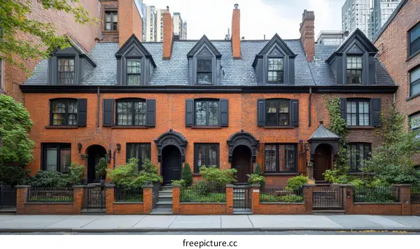 Elegant Row Houses with Black Shutters in Urban Setting