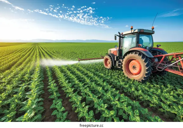 Tractor spraying pesticides on a large green field of crops