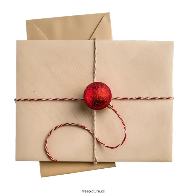 [Transparent Background PNG]Christmas Gift Wrapped in Brown Paper with Red Ornament