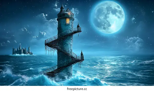 Fantasy Lighthouse On The Sea Under The Full Moon
