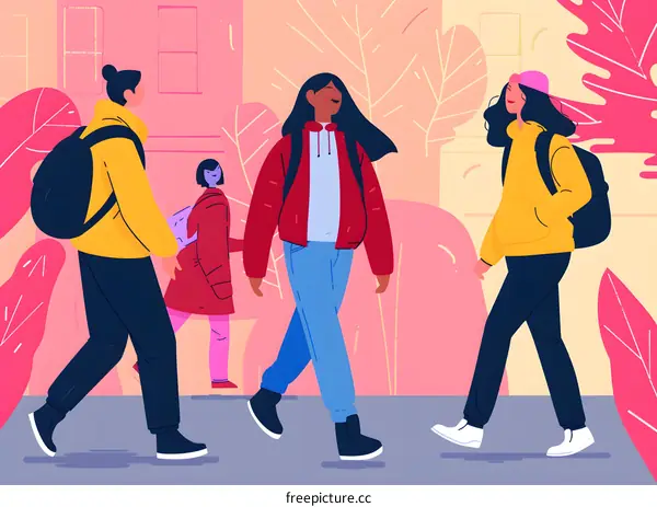 Happy Students Walking Together Outside of the School Building