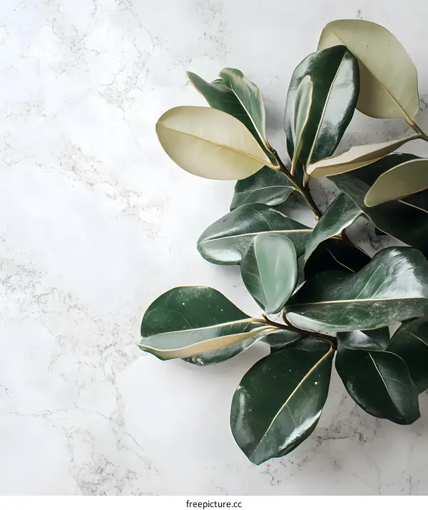 Green Leaves on Marble Background