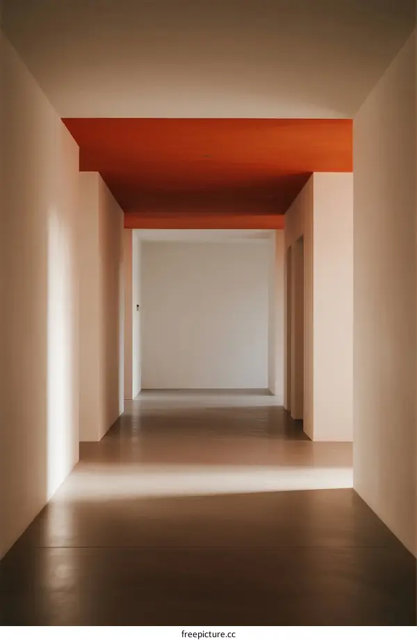 A long corridor with orange ceiling and neutral walls