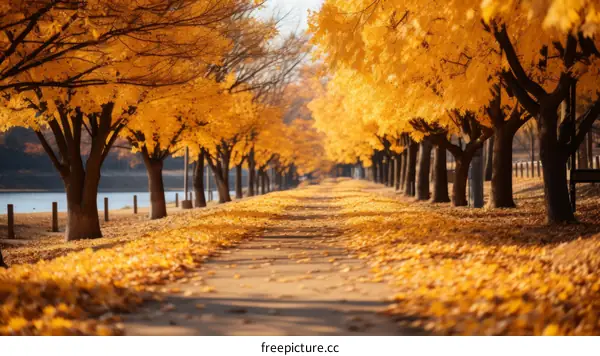 Fall Scenery of Trees by Lake with Yellow Leaves