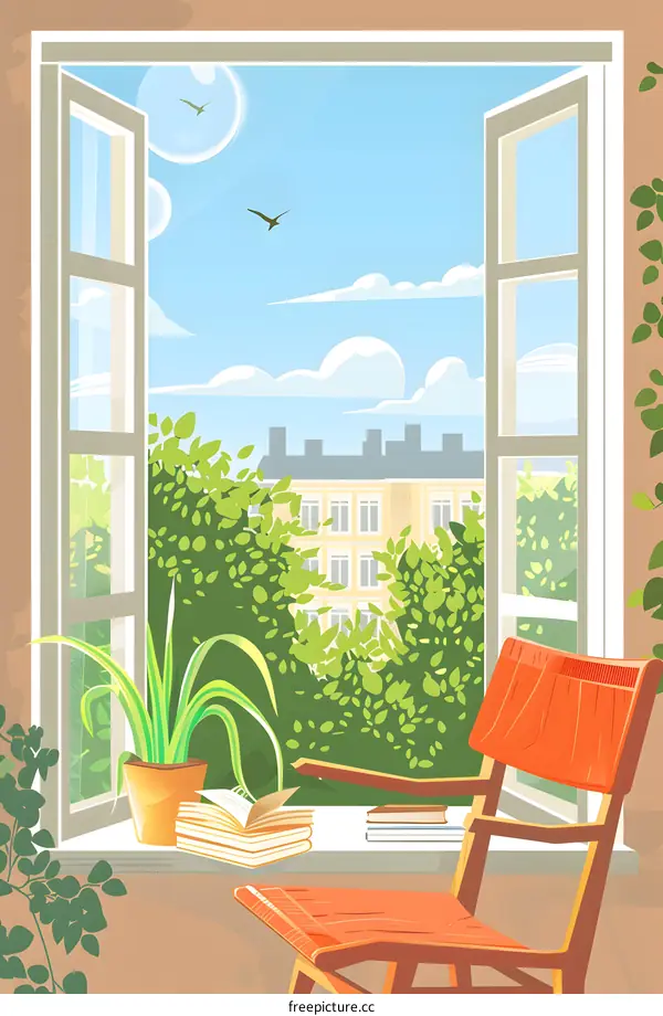 Open Window with View of City and Green Trees Illustration