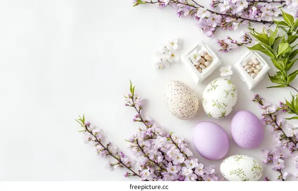 Pastel Easter Eggs and Spring Blossoms