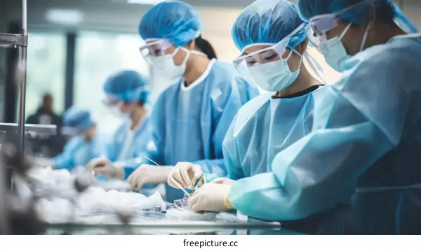 Asian medical team performing surgery in a hospital operating room