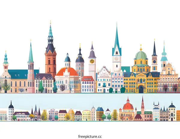 Colorful Illustration of European City Skyline with Many Buildings and Towers