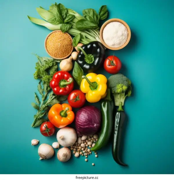 A variety of fresh vegetables and spices are arranged on a blue background