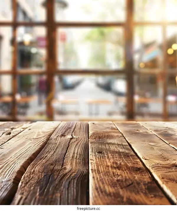 Wooden Tabletop with Blurred Outdoor Cafe Background