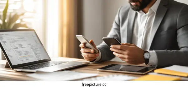 Businessman Working on Laptops and Phones